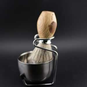 Blaireau de rasage en chêne vert – Poil véritable premium, inox, bol et support